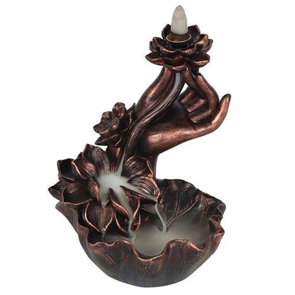 Bronze Effect Hand with Flower Backflow Incense Burner